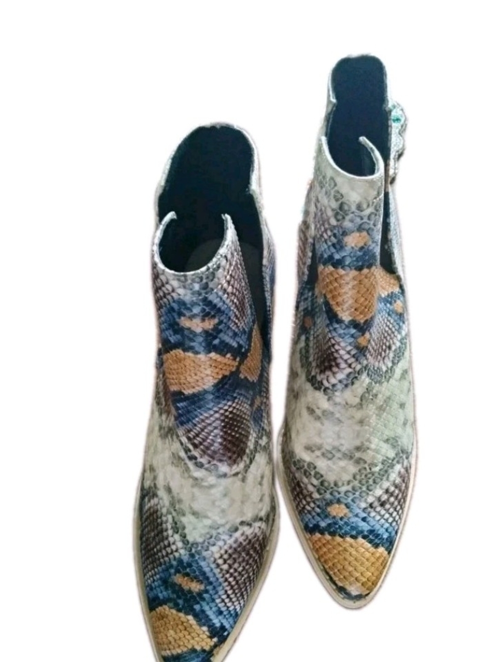 Snake-Print Pointed Ankle Boots in Blue, Tan & Cream Western Style Size 8